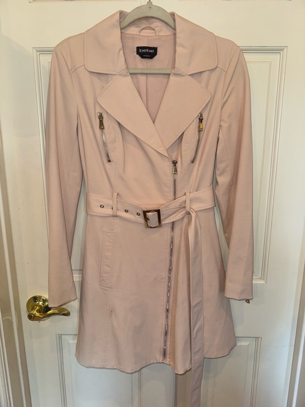bebe Soft Pale Pink Belted Trench Coat with Zip Details